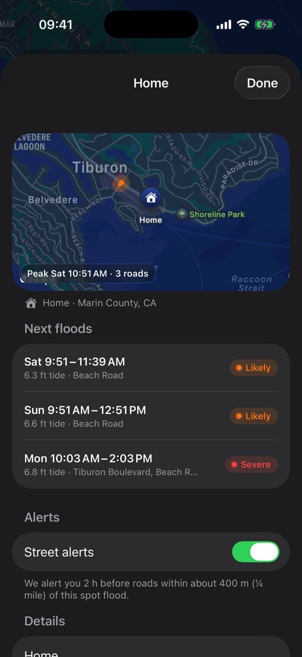 A saved place in FloodRoute with its next flood windows and street alerts