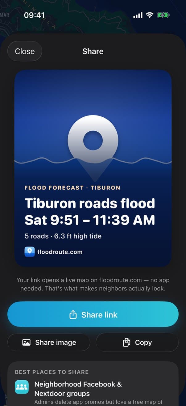 FloodRoute share card: Tiburon roads flood Saturday 9:51 to 11:39 AM